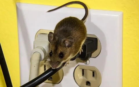 Mouse climbing on cords connected to an electrical outlet.